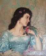 Weerts Jean Joseph Beautiful pensive portrait of a young woman with a bird and flower oil painting artist